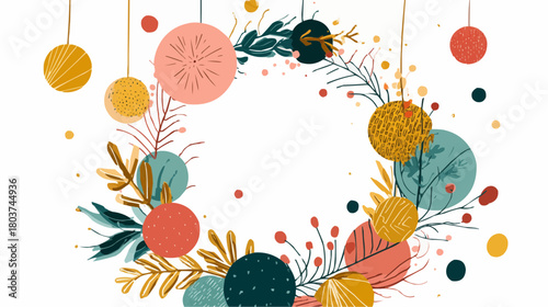 Christmas wreath with simple ornaments and space for text made from recycled materials on a clean minimal background