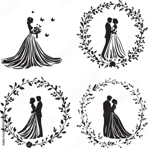 Set of four black silhouette illustrations of bride and groom in romantic poses with decorative wreaths
