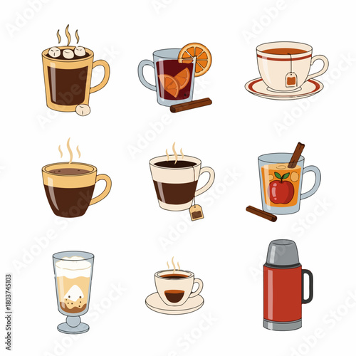 A collection of various hot winter and autumn beverages, including coffee, cocoa, tea, mulled wine, and cider, presented in a delightful illustration style.