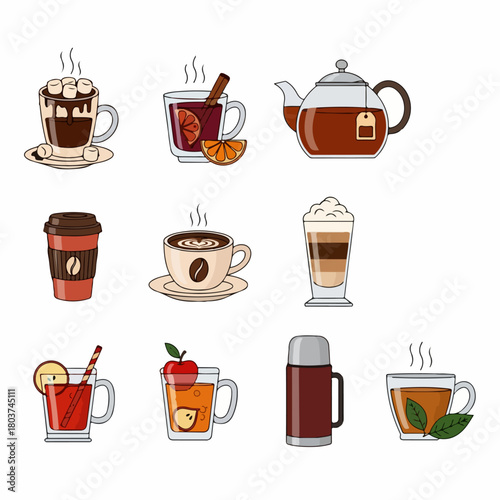 A colorful illustration set of hot winter and cozy drinks including coffee, tea, hot chocolate, mulled wine, and cider icons on a white background.