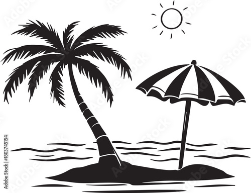 Black silhouette of tropical beach scene with palm tree, umbrella, sun, waves, and sandy ground