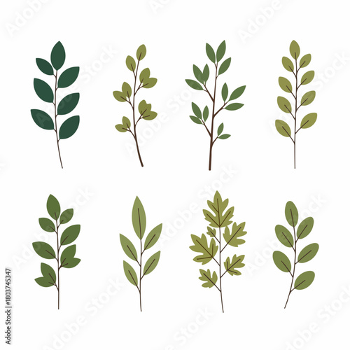 Stylized set of eight green leaves and botanical branches, flat design elements for nature-themed decoration and graphic projects, isolated on white.