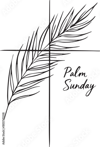 Black cross with diagonal palm frond and “Palm Sunday” text symbolizing Christian observance and faith