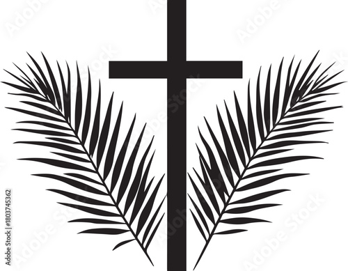 Black cross with symmetrical palm fronds symbolizing Christian faith, Palm Sunday, and sacred observance