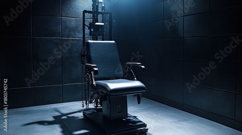 An empty, high-tech interrogation chair, multiple sensors and restraints visible (unused), starkly lit against a dark, oppressive wall