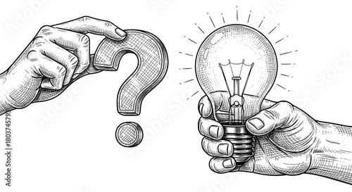 Businessmen Holding Question Mark and Light Bulb Symbols: Vintage Engraving Vector Illustration of Teamwork and Problem Solving in Woodcut Style