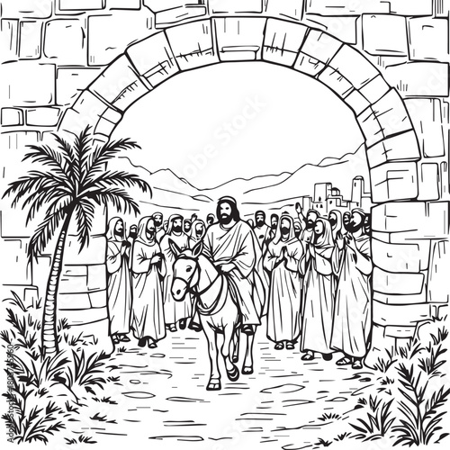 Black line drawing of Jesus entering Jerusalem on a donkey with disciples, palm trees, and city backdrop