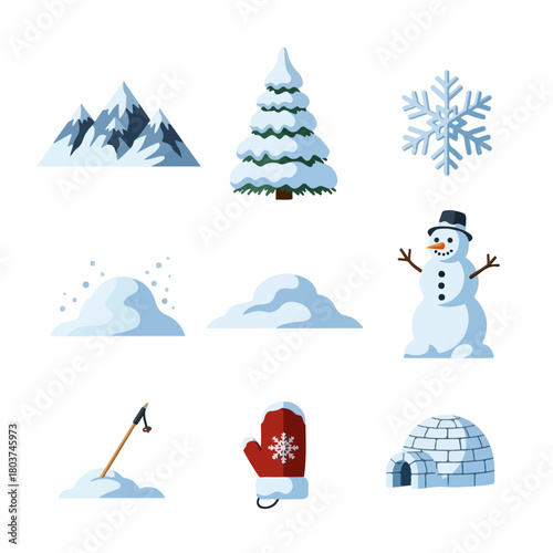 A collection of winter season icons, featuring a snowman, igloo, snowflake, snowy mountains, tree, and snow drifts, presented in a flat vector design.