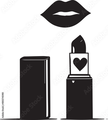 Black line drawing of lipstick with heart symbol and lips, representing beauty, care, and cosmetics