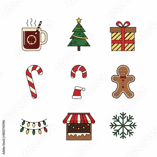 Flat vector icon set for Christmas and Winter holidays featuring festive elements like mulled wine, gingerbread man, market stall, candy canes, and gift box.