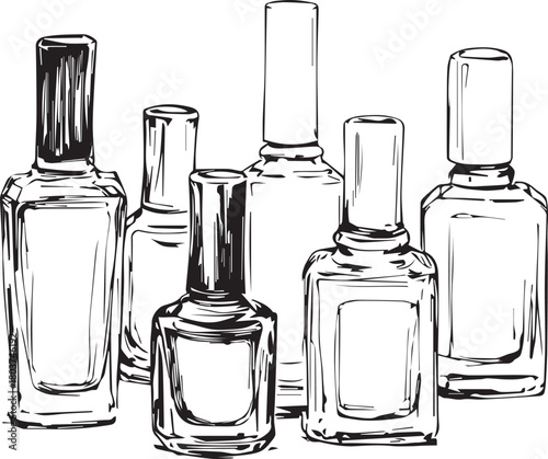 Black line drawing of six nail polish bottles with varied shapes, caps, and stylized cosmetic design
