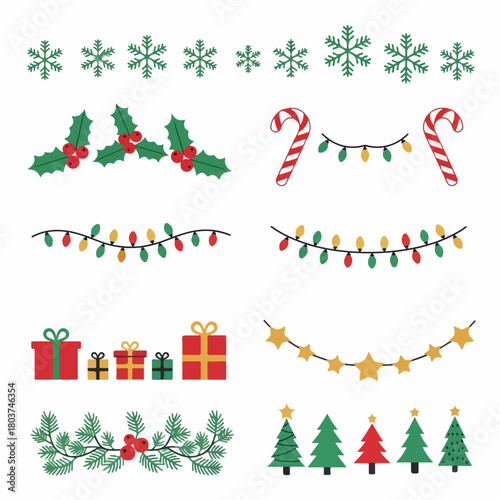 Festive Christmas and Winter Holiday Vector Element Collection: Snowflakes, Holly, Gifts, Trees, and String Lights Dividers.