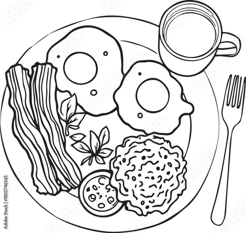 Black line drawing of classic breakfast plate with eggs, bacon, hash browns, sauce, coffee, and fork