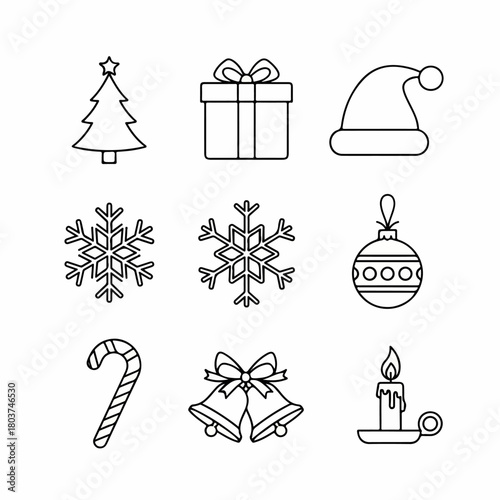 Minimalist Christmas and Winter Holiday Icons Set: Outline Vector Collection of Tree, Gift, Snowflakes, Santa Hat, and Bells.