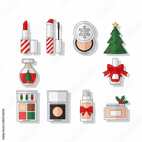 Festive Christmas and Winter Holiday Makeup Collection Icons. Beauty products illustrated with seasonal decorations like snowflakes, bows, and holly.