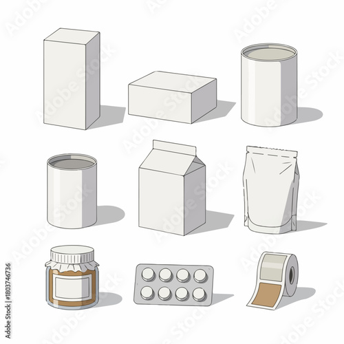Assortment of Blank Packaging Mockups for Food and Retail Products including Boxes, Cans, Cartons, Jars, and Blister Packs.