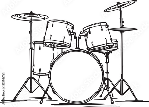 Black line drawing of a full drum kit including bass, toms, cymbals, hi-hat, and floor tom