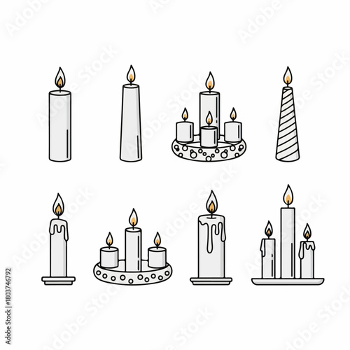 Set of vector illustrations depicting various lit candles, including pillar candles and arrangements, isolated on white background.