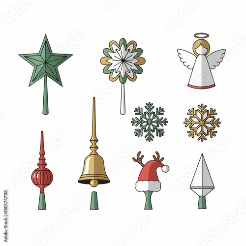 A collection of various colorful Christmas tree toppers and holiday decorations including stars, angels, bells, and snowflakes, isolated on white background.