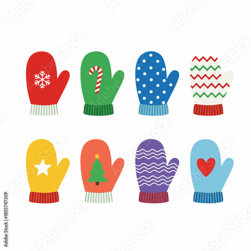 Eight colorful winter mittens vector set. Cute Christmas gloves with festive patterns like snowflakes, candy canes, hearts, and stars isolated on white.