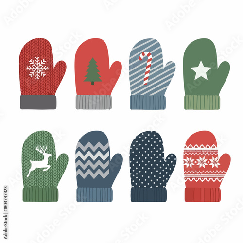 A collection of eight colorful and cozy knitted Christmas mittens featuring snowflakes, reindeer, candy canes, and festive winter patterns.