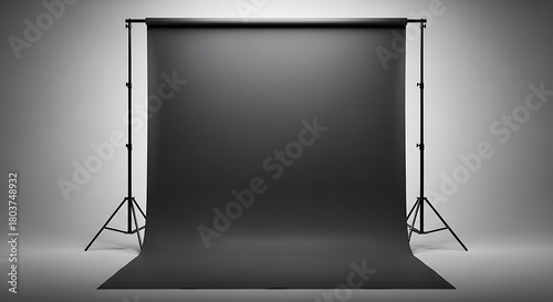 A professional photography studio backdrop with a seamless dark gray background and lighting stands.