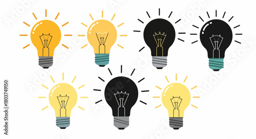 Vector set of light bulbs with varying colors and brightness for creative design projects