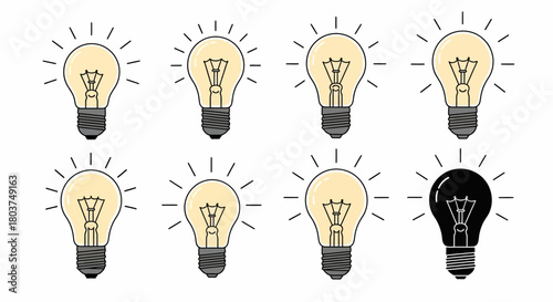 Vector Illustration of Glowing Light Bulbs with a Black Bulb, a Symbol of Uniqueness