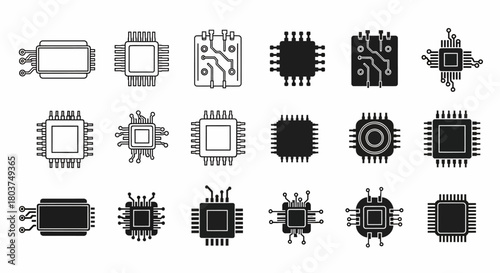 Microchip Vector Set of Processor Unit Silhouette Icons for Technology and Engineering