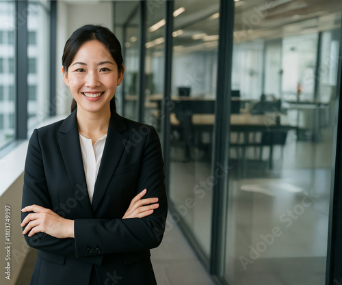 腕を組んで自信に満ちた表情の若い女性
