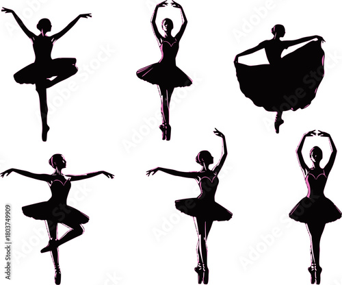 Ballerina. Six different vector ballet girls color silhouettes. EPS version.	