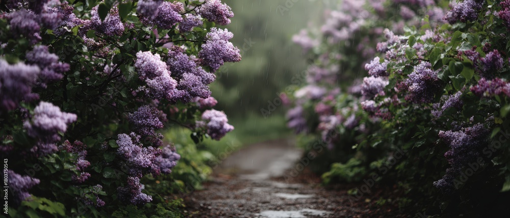 Obraz premium Serene rain soaked garden pathway lined with blooming purple lilac bushes in lush spring landscape perfect for nature editorial content and tranquil outdoor lifestyle photography concepts
