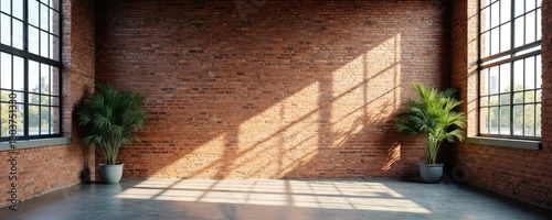 Empty loft room with brick wall. Large windows let in sunlight casting shadows. Potted plants add touch of nature. Concrete floor offers raw industrial look.