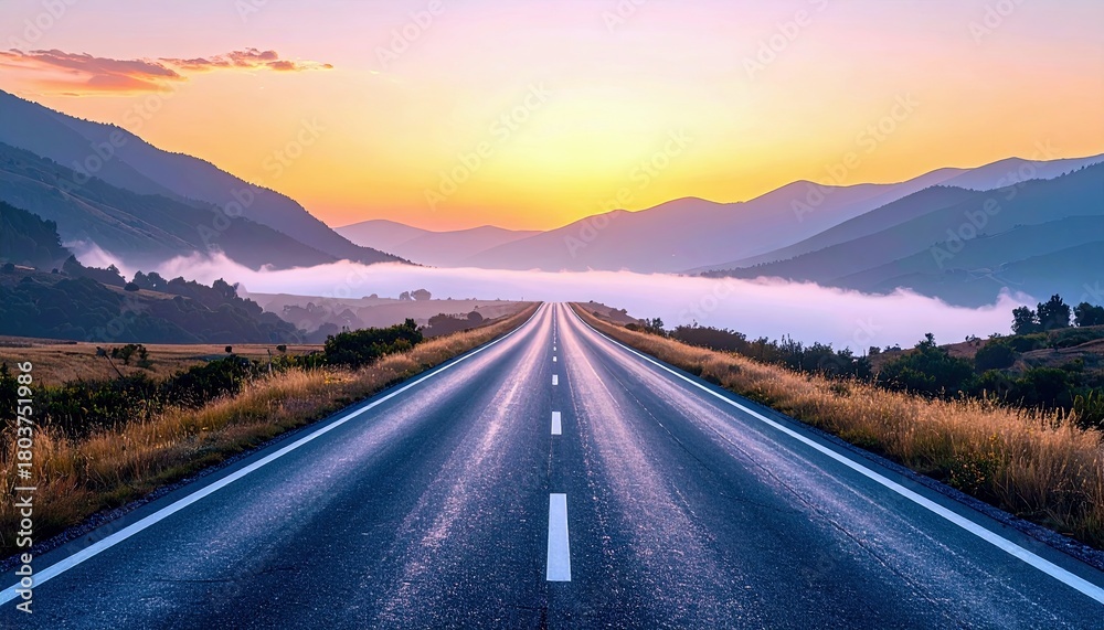 Fototapeta premium An empty asphalt road with white lane markings leads into a valley filled with mist, with layered mountains in the background under a soft sunrise sky.