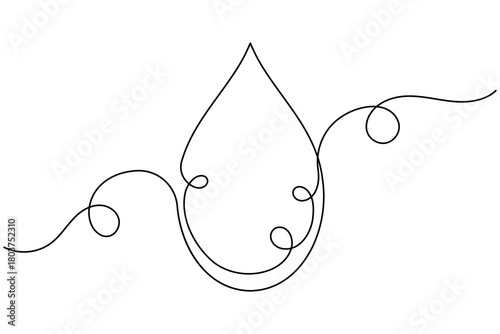 Water drop continuous one line drawing on white background minimalist clean rain icon outline vector illustration