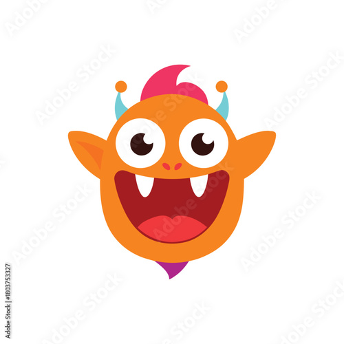 Silly and cheerful orange monster creature face vector illustration with a wide happy smile, expressive eyes, and cute little horns for playful designs