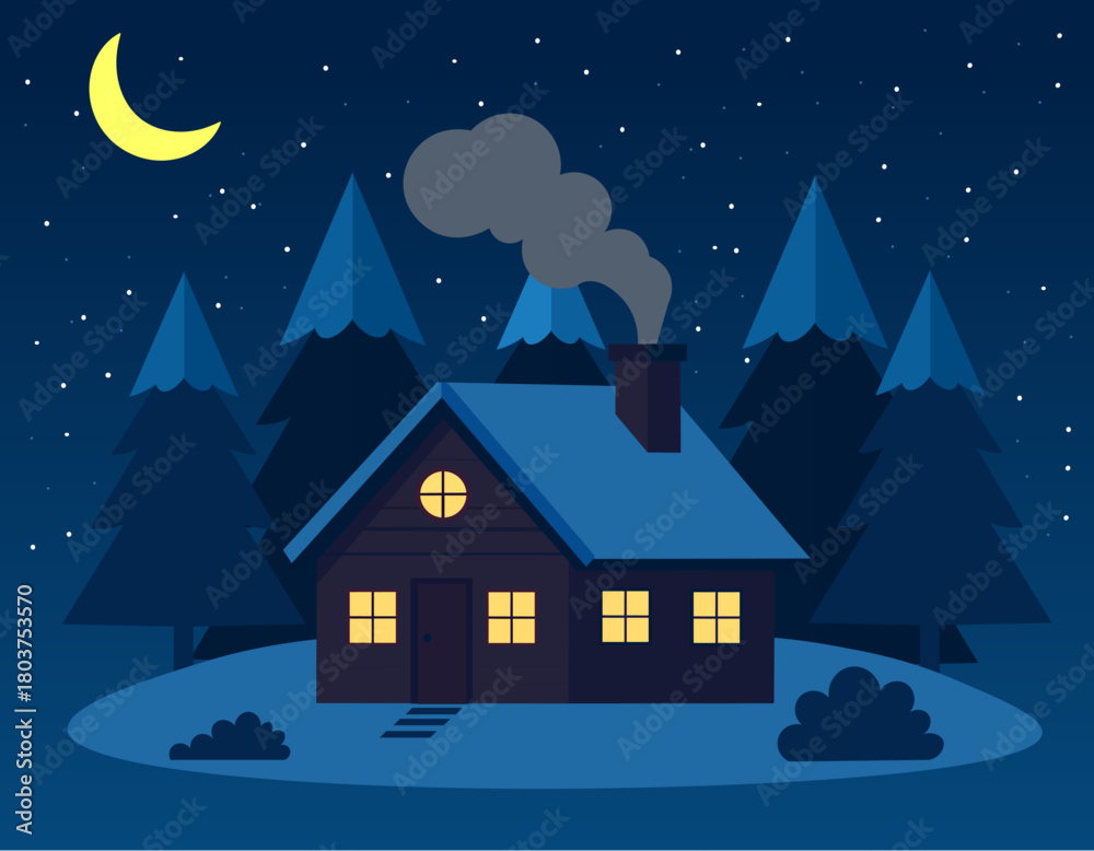 Obraz premium Cozy Winter Night Cabin Illustration, perfect for holiday greetings, winter themed web design, or nature tourism brochures
