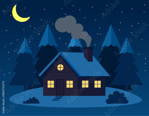 Cozy Winter Night Cabin Illustration, perfect for holiday greetings, winter themed web design, or nature tourism brochures