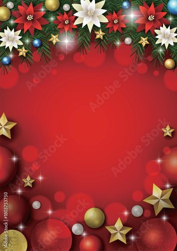 クリスマス背景、ボール、赤、ポインセチア、モミの木、かわいい、イラスト、縦