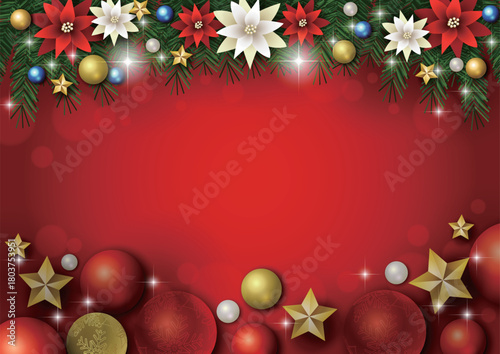 クリスマス背景、ボール、赤、ポインセチア、モミの木、かわいい、イラスト、横