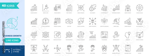 Business growth line icon set editable stroke. Profit analytics strategy finance investment progress development