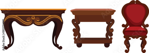 Ornate vintage furniture set, decorative wooden tables, carved legs, red cushioned chair, classical interior decor, antique style, elegant vector illustration