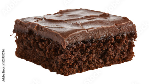 Rich chocolate cake square with smooth frosting isolated on the transparent background for bakery or dessert menu design