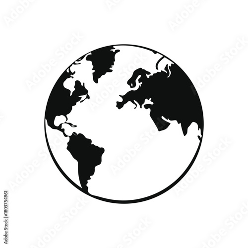 Minimalist black and white vector illustration of the planet Earth globe, showing a simple world map with continental land outlines