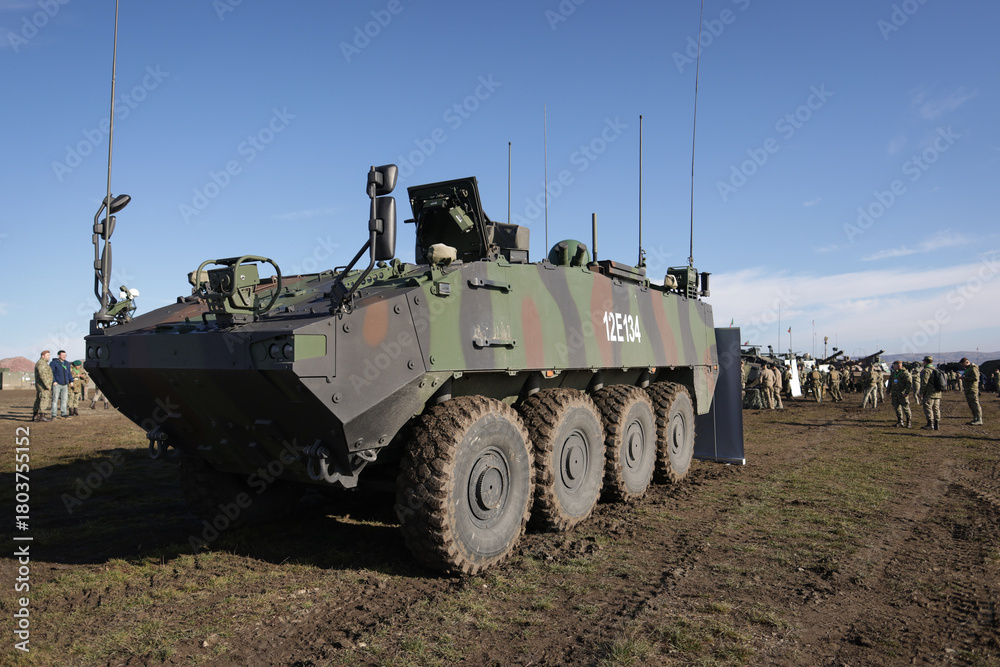 Obraz premium Romanian army Piranha V armored vehicle during The Dacian Fall 2025 Multinational Exercise.