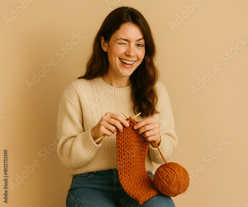Smiling woman knitting wool scarf by hand
