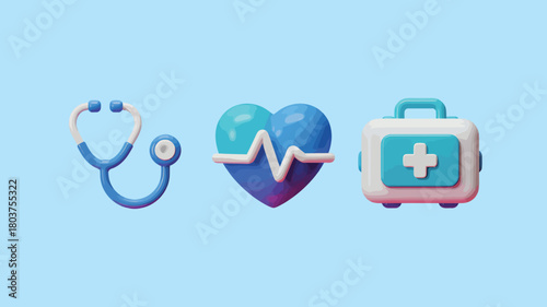Medical icon set with stethoscope heart and first aid kit 3D render healthcare concept for web and app design