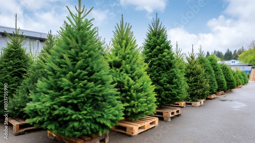Christmas trees lined up for sale at an outdoor market