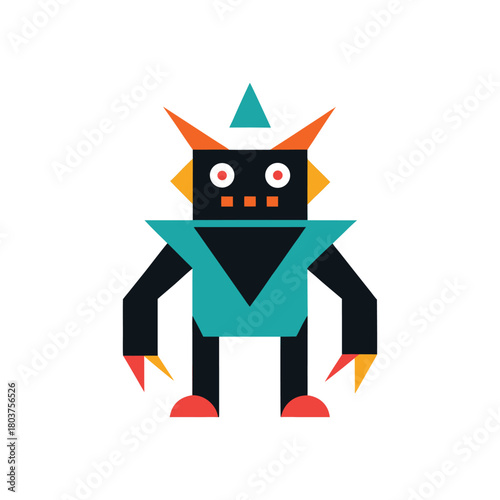 Colorful abstract geometric character design featuring a minimal robot monster. A flat vector graphic illustration with sharp claws and a quirky expression, isolated for creative projects