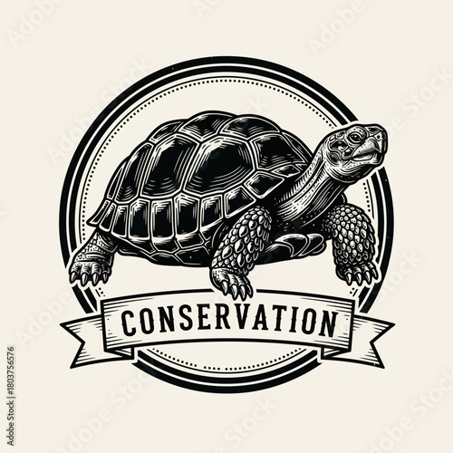 Detailed illustration of a tortoise with conservation message, vintage style.